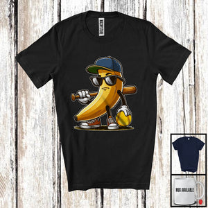 MacnyStore - Banana Sunglasses Playing Softball, Humorous Fruit Lover Softball Player Sport Team T-Shirt