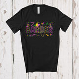 MacnyStore - Barber; Joyful Mardi Gras Jester Hat And Beads Scissors Barber; Plaid Jobs Careers Family T-Shirt