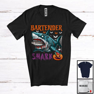 MacnyStore - Bartender Shark, Scary Halloween Costume Pumpkin Zombie Shark, Proud Careers Group T-Shirt