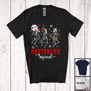 MacnyStore - Bartender Squad; Cheerful Christmas Lights Three Dancing Skeletons; Dancer X-mas Group T-Shirt