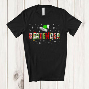 MacnyStore - Bartender; Colorful Christmas Lights Plaid Green Santa Hand; Bartender Squad T-Shirt