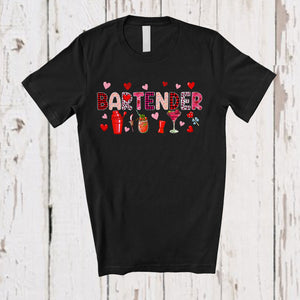 MacnyStore - Bartender; Lovely Valentine's Day Leopard Plaid Hearts Shaker; Proud Jobs Careers Family Group T-Shirt