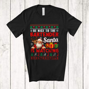 MacnyStore - Be Nice To The Bartender Santa Is Watching; Amusing Christmas Sweater Santa; Jobs Careers T-Shirt