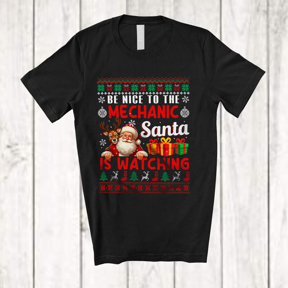 MacnyStore - Be Nice To The Mechanic Santa Is Watching; Amusing Christmas Sweater Santa; Jobs Careers T-Shirt