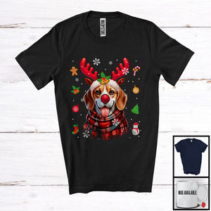 MacnyStore - Beagle Reindeer; Humorous Christmas Plaid Reindeer Face Snow Around; X-mas Family Group T-Shirt