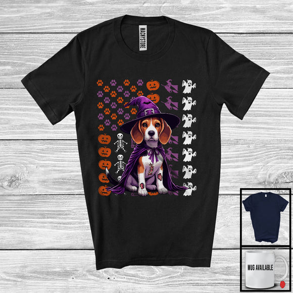 MacnyStore - Beagle Witch On American Flag, Adorable Halloween Pumpkin Paws, Patriotic Group T-Shirt