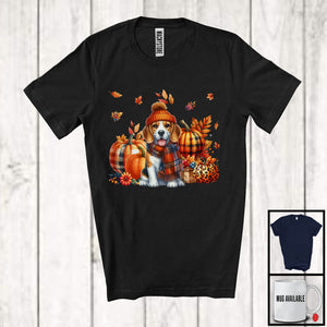 MacnyStore - Beagle With Plaid Pumpkins Fall Leaves; Lovely Thanksgiving Dog Lover; Family Group T-Shirt