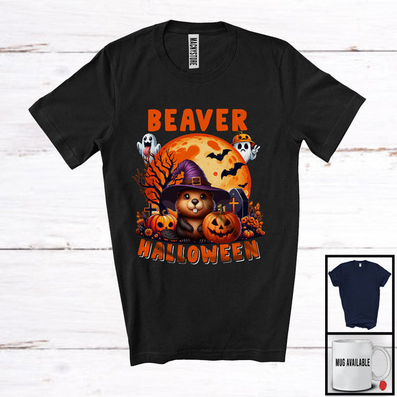 MacnyStore - Beaver Halloween; Adorable Witch Beaver Scary Moon; Matching Wild Animal Lover T-Shirt