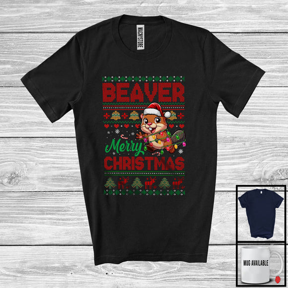 MacnyStore - Beaver Merry Christmas; Lovely X-mas Lights Sweater Santa Beaver Lover; Snowing Family T-Shirt