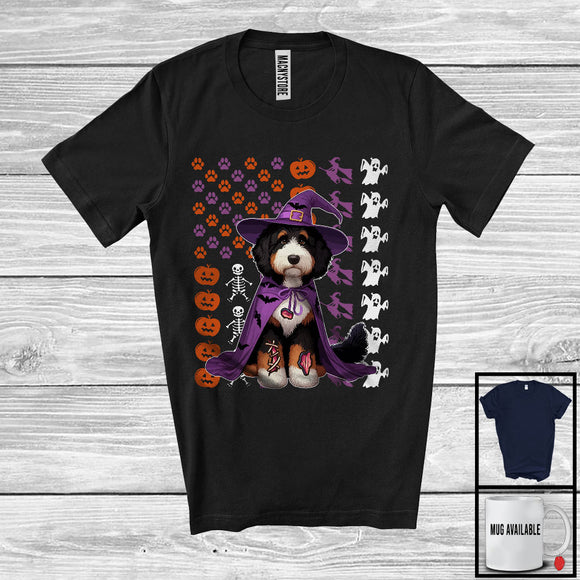 MacnyStore - Bernedoodle Witch On American Flag, Adorable Halloween Pumpkin Paws, Patriotic Group T-Shirt