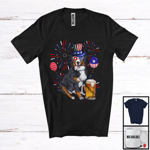 MacnyStore - Bernese Mountain Drinking Beer, Cheerful 4th Of July Drunker Fireworks, American Flag Patriotic T-Shirt