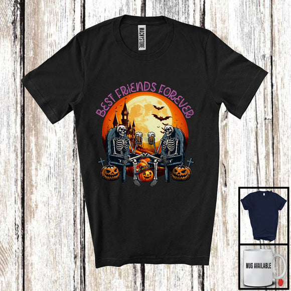 MacnyStore - Best Friends Forever, Scary Halloween Costume Skeleton Drinking Beer, Friends Group T-Shirt