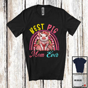 MacnyStore - Best Pig Mom Ever, Lovely Mother's Day Leopard Plaid Rainbow, Flowers Family Group T-Shirt