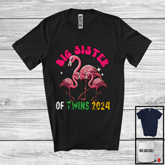 MacnyStore - Big Sister Of Twins 2024; Awesome Pregnancy Announcement New Sister Flamingo; Family T-Shirt