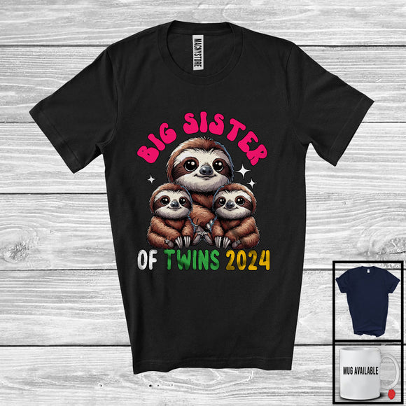 MacnyStore - Big Sister Of Twins 2024; Awesome Pregnancy Announcement New Sister Sloth; Family T-Shirt