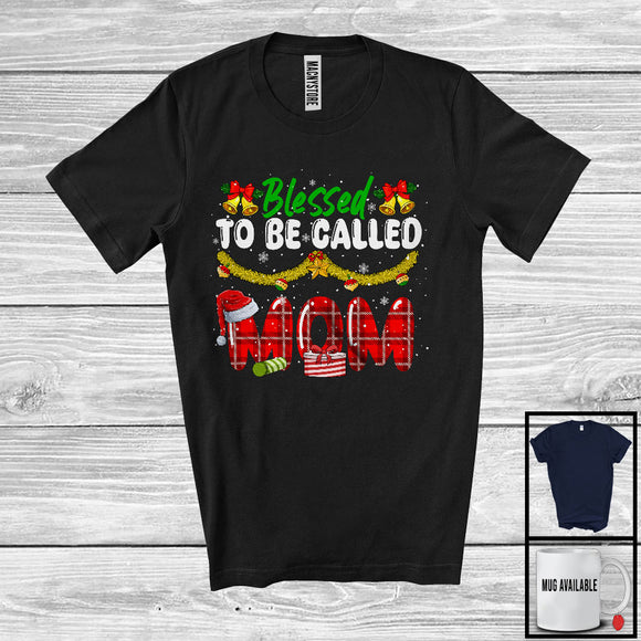 MacnyStore - Blessed To Be Called Mom; Cheerful Christmas Red Plaid Mom Snowing; X-mas Family Group T-Shirt