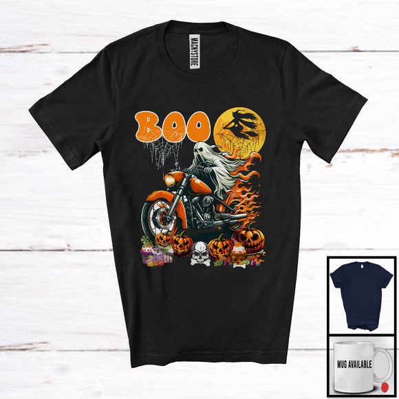 MacnyStore - Boo Ghost Riding Motorcycle Pumpkin, Horror Halloween Construction Truck Driver, Family Group T-Shirt