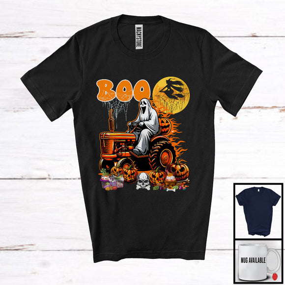 MacnyStore - Boo Ghost Riding Tractor Pumpkin, Horror Halloween Construction Truck Driver, Family Group T-Shirt