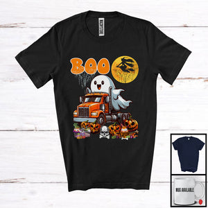 MacnyStore - Boo Ghost Riding Truck Pumpkin, Horror Halloween Construction Truck Driver, Family Group T-Shirt