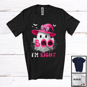 MacnyStore - Boo I'm Eight; Adorable 8th Birthday Halloween Costume Pink Boo Ghost Witch; Family Group T-Shirt