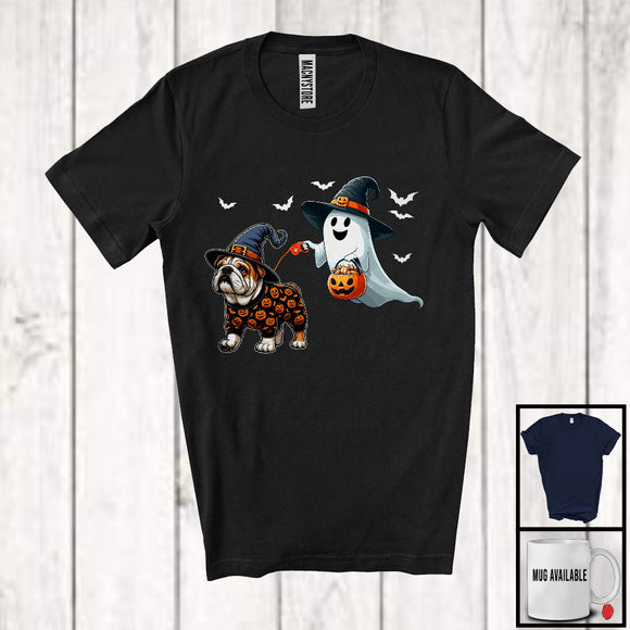 MacnyStore - Boo Walking With Bulldog; Lovely Halloween Costume Witch Ghost; Family Group T-Shirt