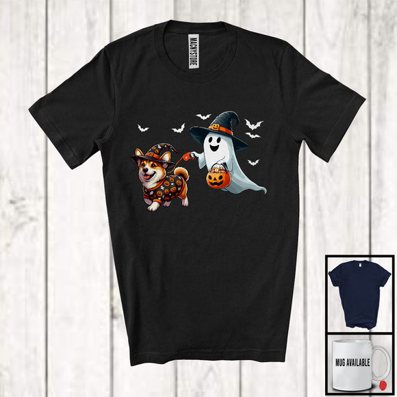 MacnyStore - Boo Walking With Corgi; Lovely Halloween Costume Witch Ghost; Family Group T-Shirt