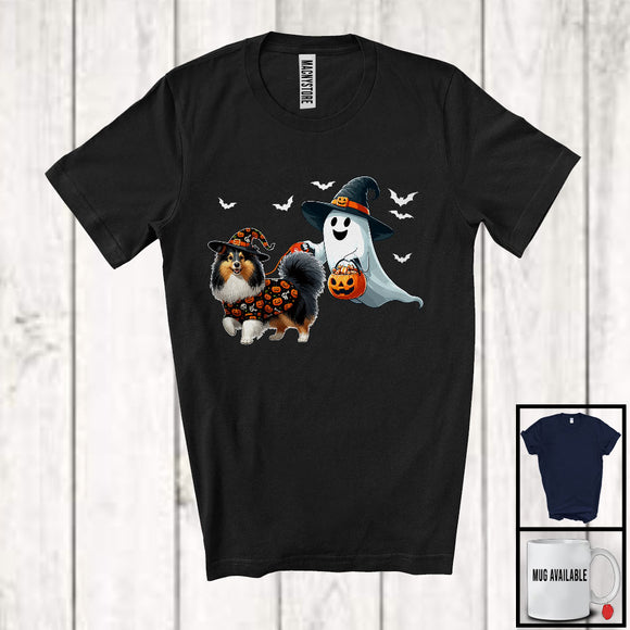 MacnyStore - Boo Walking With Sheltie; Lovely Halloween Costume Witch Ghost; Family Group T-Shirt