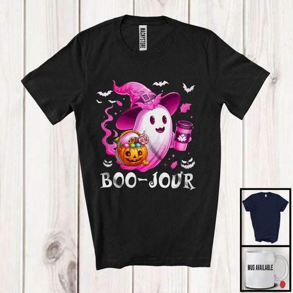 MacnyStore - Boo-jour; Lovely Halloween Costume Pink Boo Ghost Witch Coffee Lover; Family Group T-Shirt