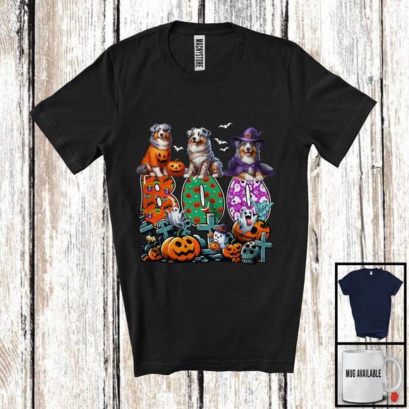 MacnyStore - Boo; Spooky Halloween Three Pumpkin Mummy Witch Australian Shepherds Owner; Family Group T-Shirt