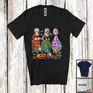 MacnyStore - Boo; Spooky Halloween Three Pumpkin Mummy Witch Bearded Collies Owner; Family Group T-Shirt