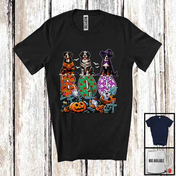 MacnyStore - Boo; Spooky Halloween Three Pumpkin Mummy Witch Bernese Mountains Owner; Family Group T-Shirt