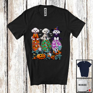 MacnyStore - Boo; Spooky Halloween Three Pumpkin Mummy Witch Bichon Frises Owner; Family Group T-Shirt