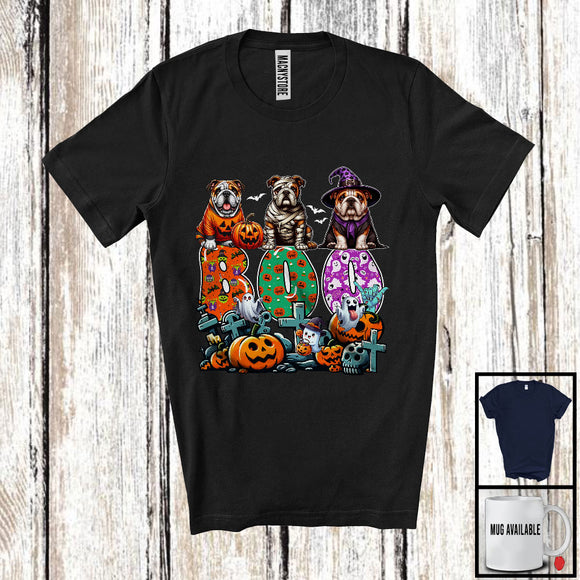 MacnyStore - Boo; Spooky Halloween Three Pumpkin Mummy Witch Bulldogs Owner; Family Group T-Shirt