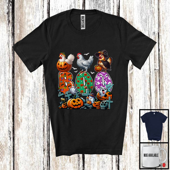 MacnyStore - Boo; Spooky Halloween Three Pumpkin Mummy Witch Chickens Owner; Family Group T-Shirt