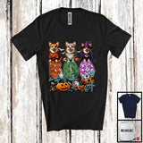 MacnyStore - Boo; Spooky Halloween Three Pumpkin Mummy Witch Corgis Owner; Family Group T-Shirt