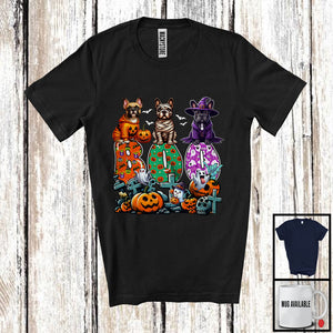 MacnyStore - Boo; Spooky Halloween Three Pumpkin Mummy Witch French Bulldogs Owner; Family Group T-Shirt