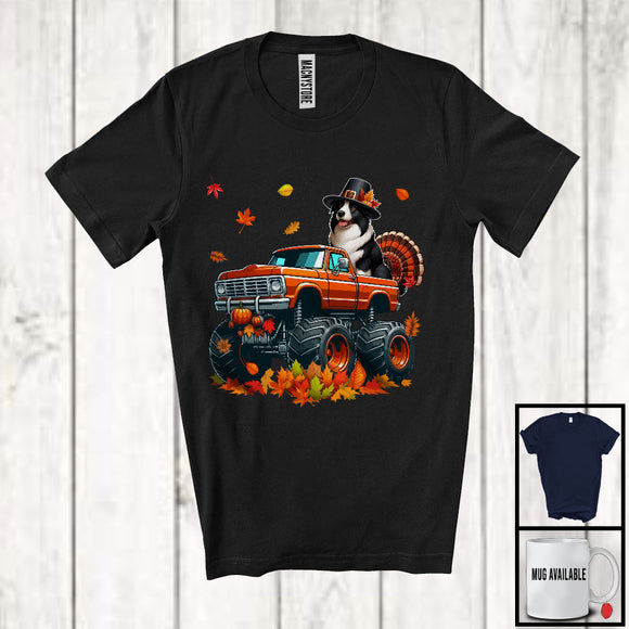 MacnyStore - Border Collie Turkey On Monster Truck; Humorous Thanksgiving Autumn Fall Leaves; Family T-Shirt