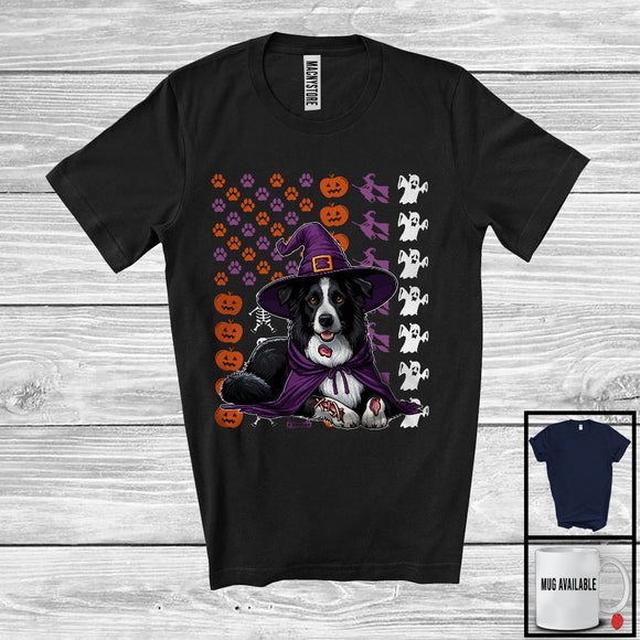 MacnyStore - Border Collie Witch On American Flag, Adorable Halloween Pumpkin Paws, Patriotic Group T-Shirt