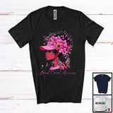 MacnyStore - Breast Cancer Awareness; Adorable Black Afro Women Flowers Butterfly; Pink Ribbon Warrior Proud T-Shirt