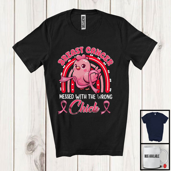 MacnyStore - Breast Cancer Messed With The Wrong Chick, Adorable Pink Ribbon Chicken, Rainbow Farm Farmer T-Shirt