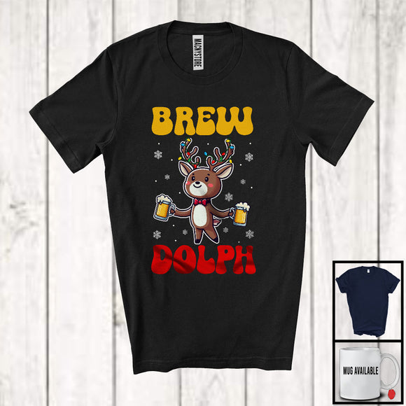 MacnyStore - Brew Dolph; Humorous Christmas Lights Reindeer Drinking Beer; Snowing Drunker T-Shirt