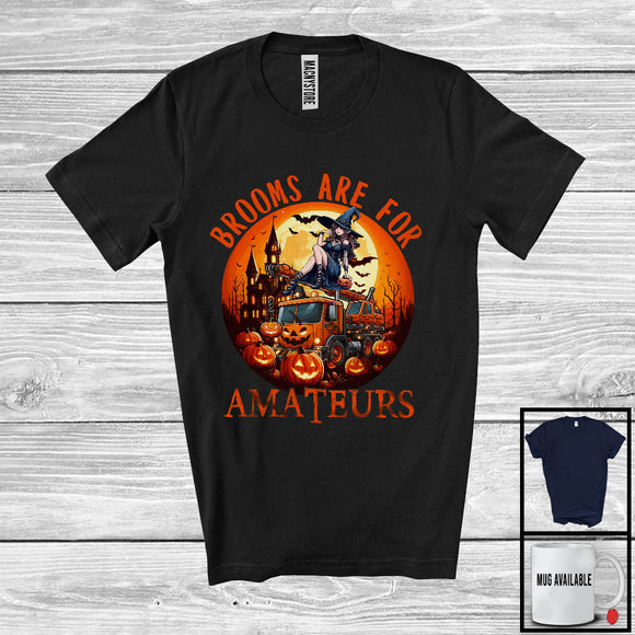 MacnyStore - Brooms Are For Amateurs; Creepy Halloween Moon Witch On Crane Truck Lover; Family Group T-Shirt