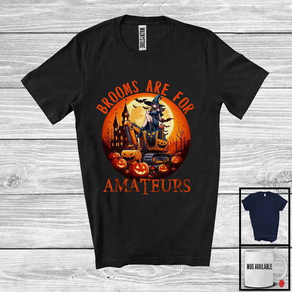 MacnyStore - Brooms Are For Amateurs; Creepy Halloween Moon Witch On Excavator Lover; Family Group T-Shirt