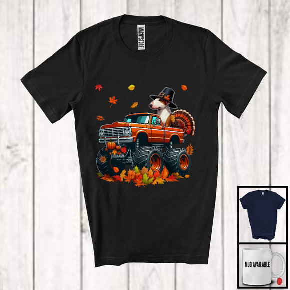 MacnyStore - Bull Terrier Turkey On Monster Truck; Humorous Thanksgiving Autumn Fall Leaves; Family T-Shirt