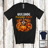 MacnyStore - Bulldog Pumpkin Patch; Lovely Thanksgiving Bulldog In Pumpkin; Fall Leaves Flowers T-Shirt