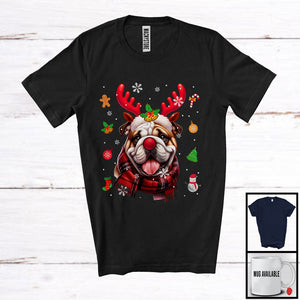 MacnyStore - Bulldog Reindeer; Humorous Christmas Plaid Reindeer Face Snow Around; X-mas Family Group T-Shirt