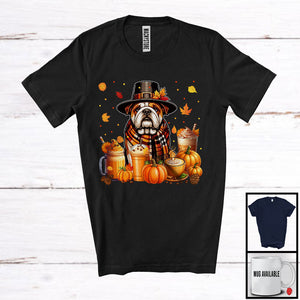 MacnyStore - Bulldog With Coffee Smoothie, Wonderful Thanksgiving Pumpkins Drinks Fall Leaves T-Shirt