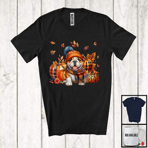 MacnyStore - Bulldog With Plaid Pumpkins Fall Leaves; Lovely Thanksgiving Dog Lover; Family Group T-Shirt