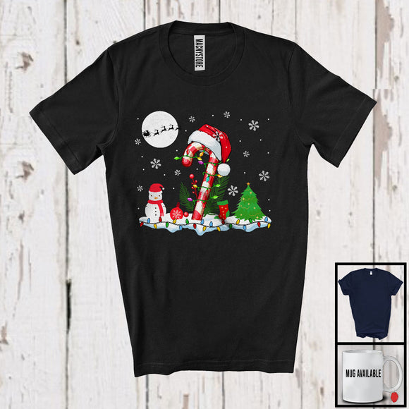 MacnyStore - Candy Cane Wearing Santa Costume; Adorable Christmas Candy Cane; X-mas Lights Snowing T-Shirt