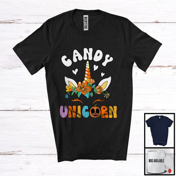 MacnyStore - Candy Unicorn, Adorable Halloween Costume Flowers Unicorn Face, Candy Pumpkin Lover T-Shirt